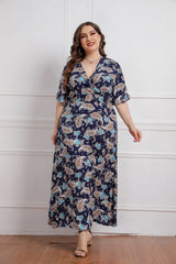 Plus Size Floral Print Short Sleeve Bohemian Summer Viscose Dresses For Women