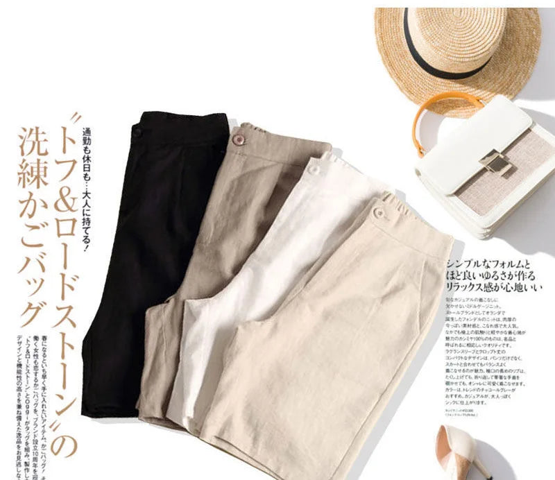 Khaki Solid Casual Linen Cotton Elastic High Waist Wide Leg Button Loose Women's Shorts Korean Fashion Summer Shorts Women 2024