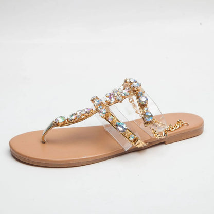 Ladies Rhinestones Sandals Summer Beach Slippers for Women Clip Toe Chain Sandals Shiny Crystal Fashion Casual Flat Bottom Shoes