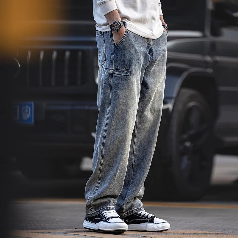 Trousers Straight Man Cowboy Pants with Pockets Men's Jeans Wide Leg Plus Size