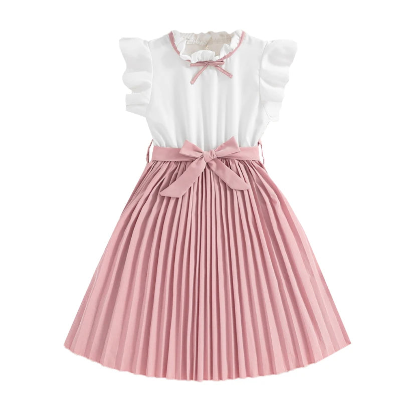 Kids Dress For Girls White Petal Sleeves Pleated Khaki Skirt &Bow tie Preppy Style Elegant Birthday Party Clothes For 8-12 Years