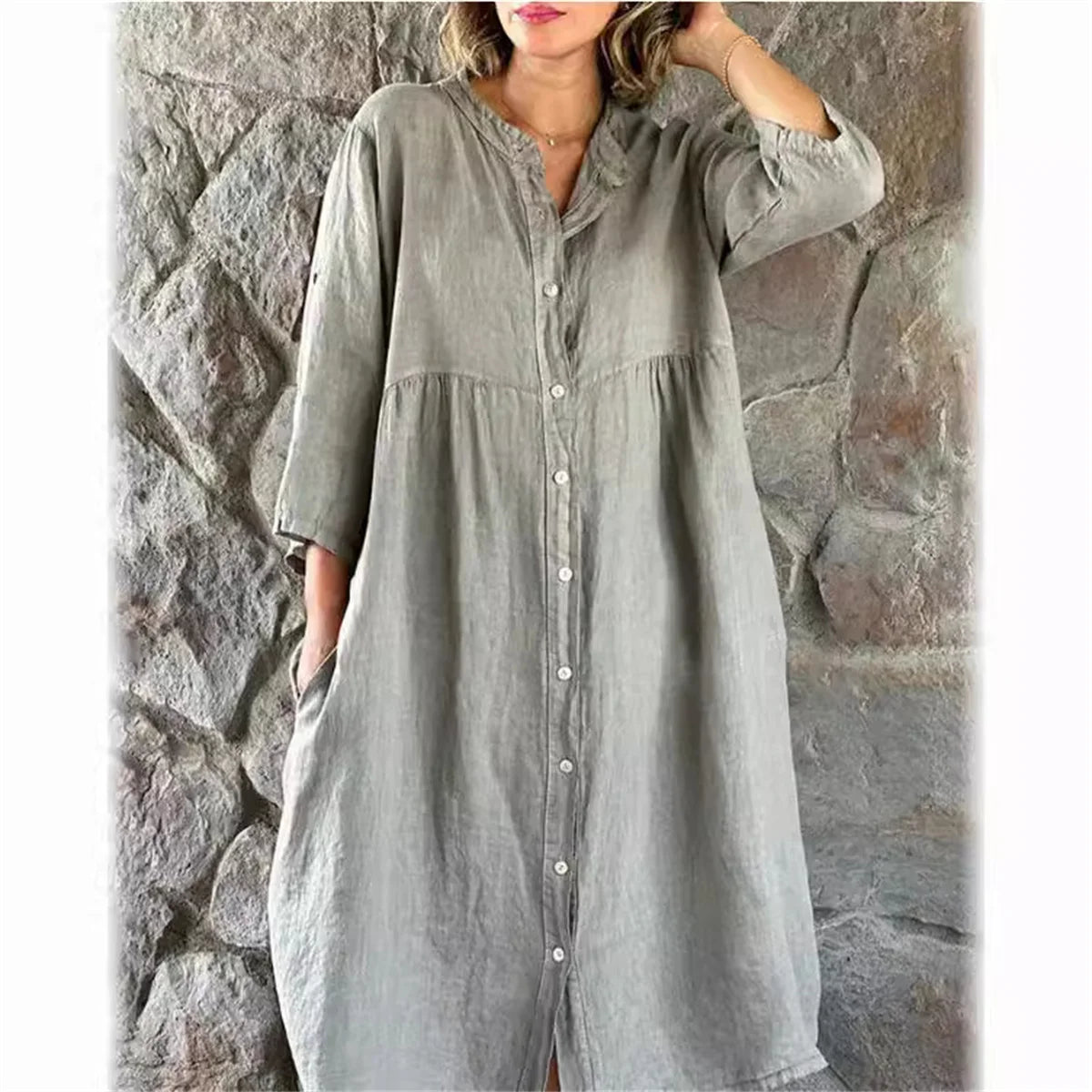 Women Causal Cotton Linen Dress Fashion Loose Button Up Long Sleeve Shirt Dresses