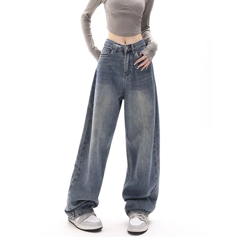 Retro Wide Leg High Waist Straight Streetwear Style Blue Jeans Pants
