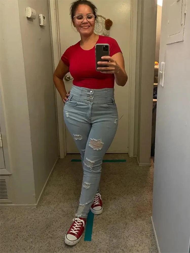 Women High Waist Stretch Skinny Ripped Jeans Lady Slim Fit Hip Wrap Denim Pencil Pants Y2k Punk Streetwear Light Blue Trousers