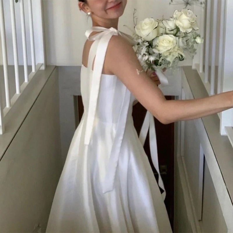 White Bridesmaid Dresses: Wedding Dress Square Collar Floor-length A-line Satin