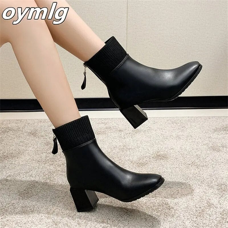 High Heel Women's Short Boots Simple Splicing Square Head Thick Heel