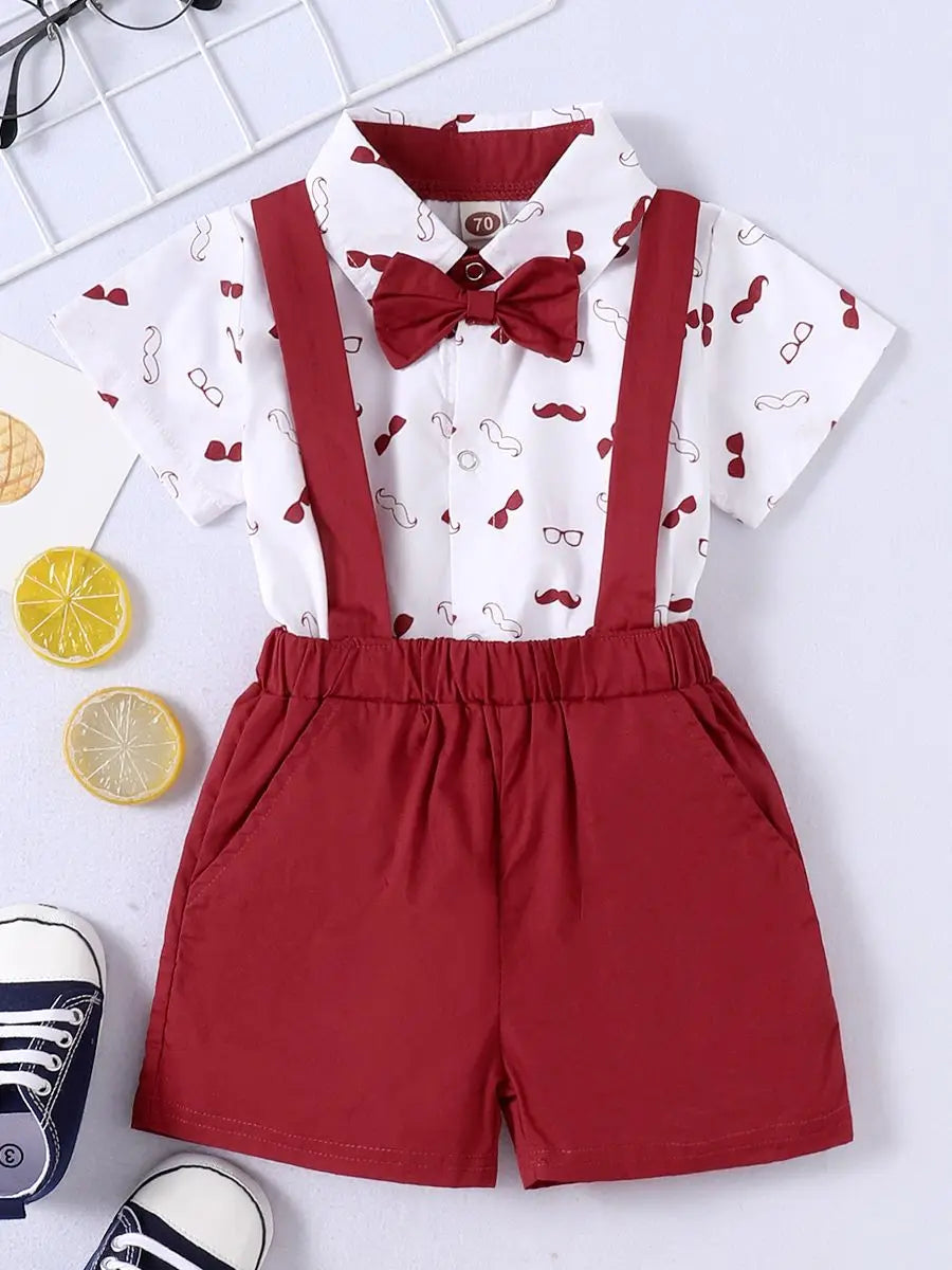 0-24 Months Baby Boys Costumes Short Sleeve Bodysuit with Bow + Suspender Pants Wedding Parties Festivals Gentleman Clothing