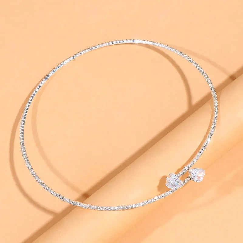 Fashion Rhinestone Heart Collar Choker Necklace for Women Simple Open Collar