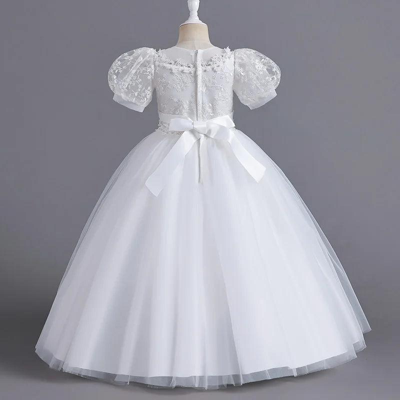 Children's Dress for Girls' 4-12 years old Princess Sequin Bubble Sleeve Long Mesh Flower Girl Wedding Little Summer