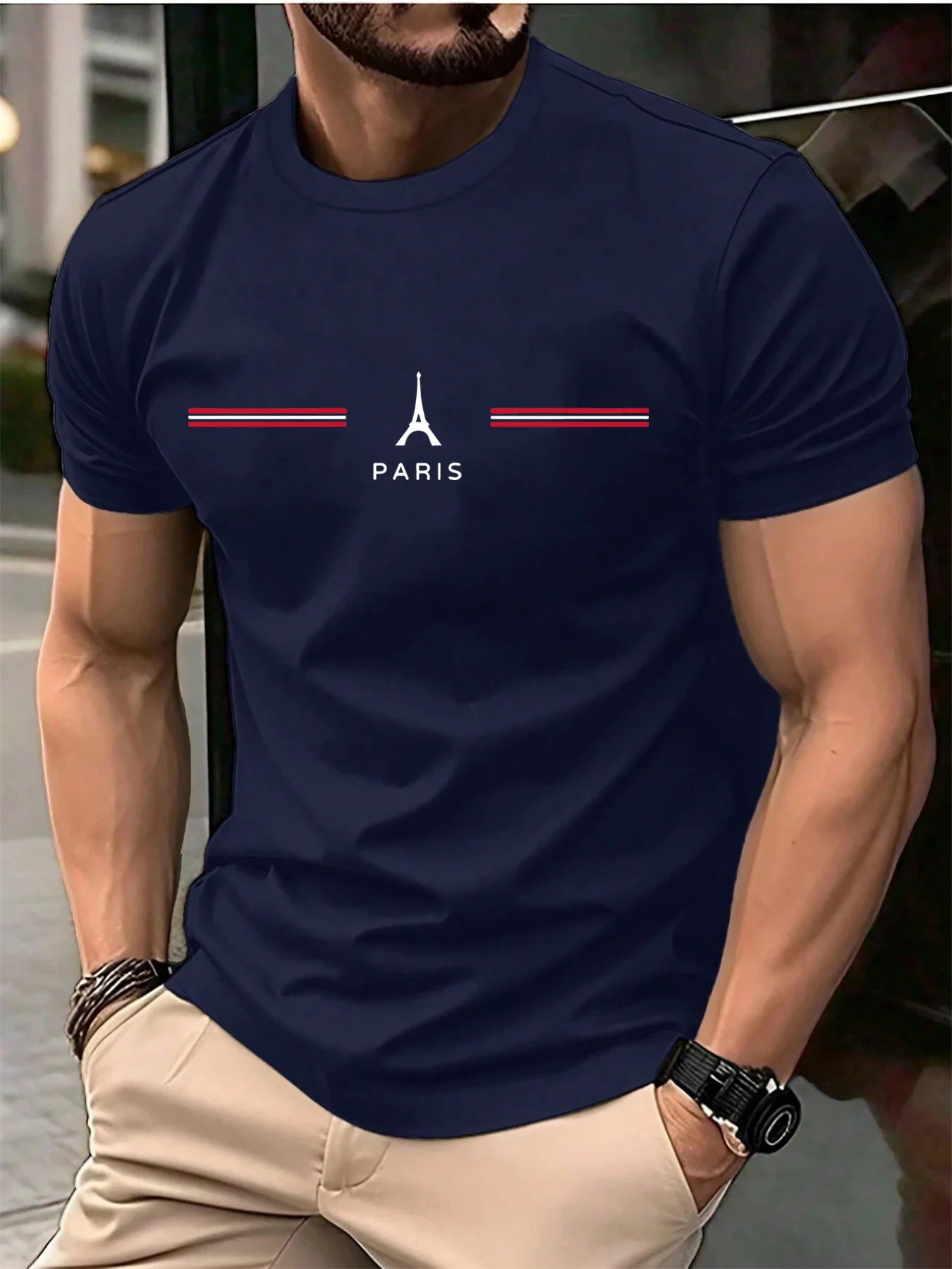 Men's 100% pure cotton summer loose oversized casual Paris letter printed sports round neck short sleeved T-shirt top