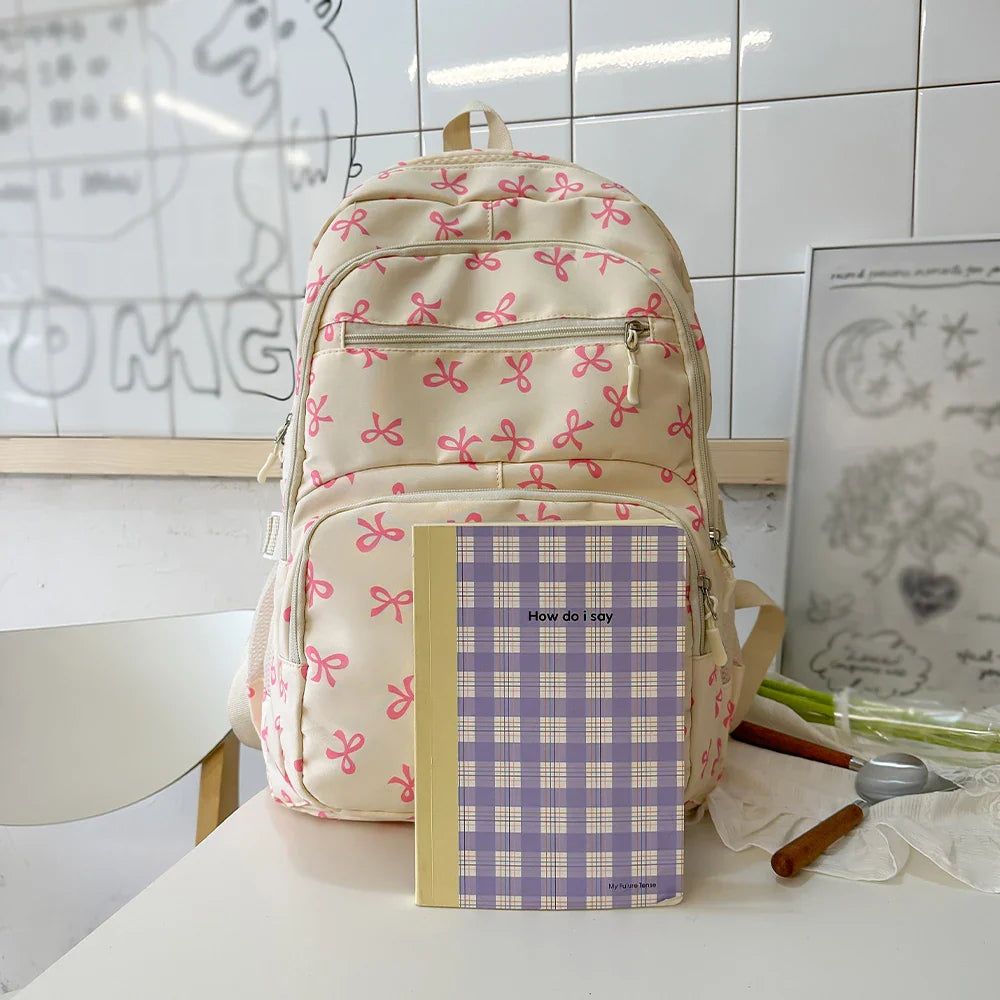 Korean Fashion Bow Print Women's Fashion Backpack Lightweight Simple Student Schoolbag Female Bag Set Three-Piece