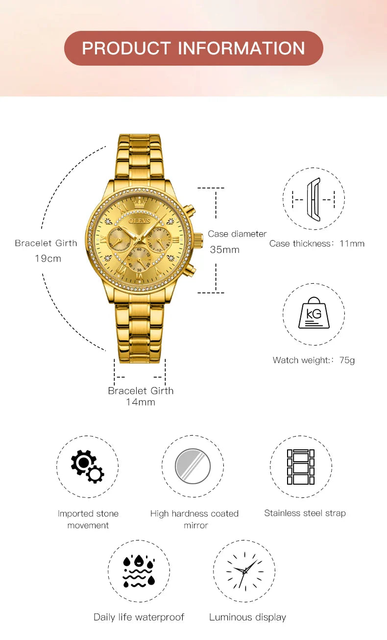 OLEVS Women's Watches Top Brand Luxury Original Quartz Watch for Ladies Chronograph Waterproof Luminous Rhinestone Dial 24 Hour