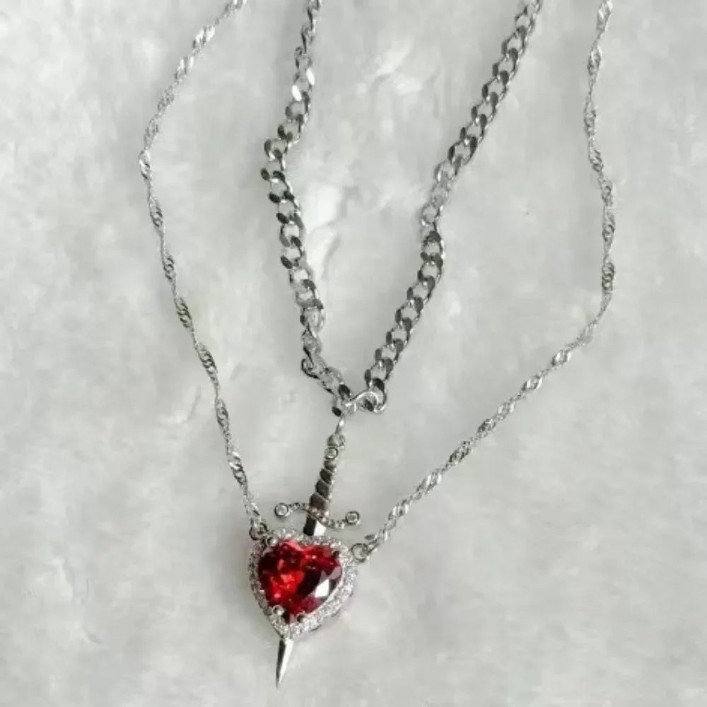 The Snow White Couple Necklace Heart and Sword Pendant Necklace for Women Romantic Valentine's Day Jewelry Gifts Accessories