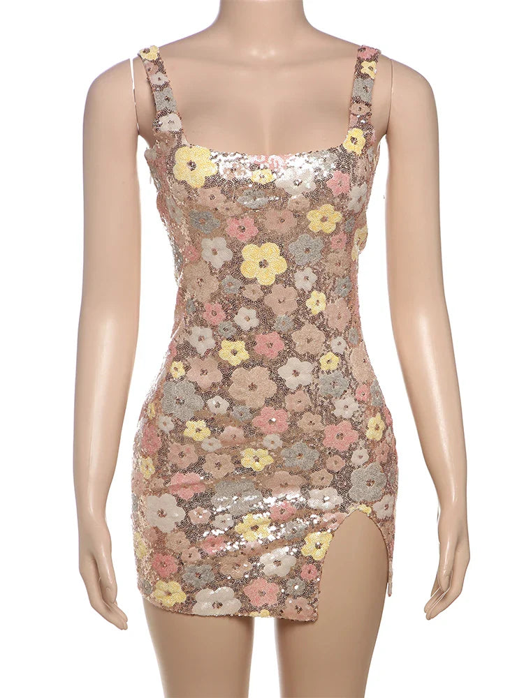 Weird Puss Colorful Flower Print Mini Dress Women Sequins Patchwork Skinny Backless Sleeveless Vacation Trend Elegant Outfits