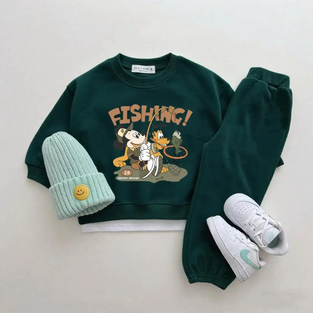 Boys Trendy Wear Long-sleeved Tracksuits Children 2026 Costume Mickey Mouse Tops Green Sweatpants New Two Piece Baby Clothing