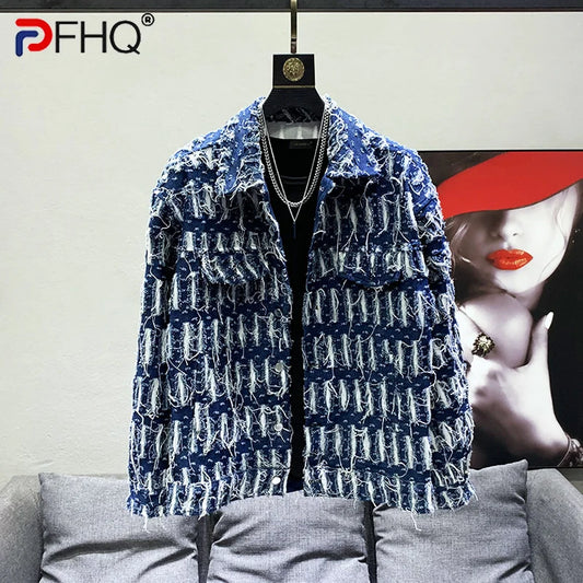 Hollow Out Hole Denim Jackets For Men Solid Loose Single Breasted Tassels Burr Coat