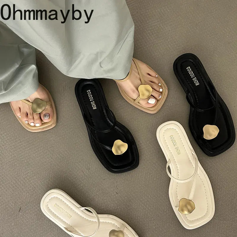 Summer Narrow Band Women Slipper Fashion Metal Decoration Low Heel Slip On Ladies Elegant Slides Casual Outdoor Beach Flip Flop