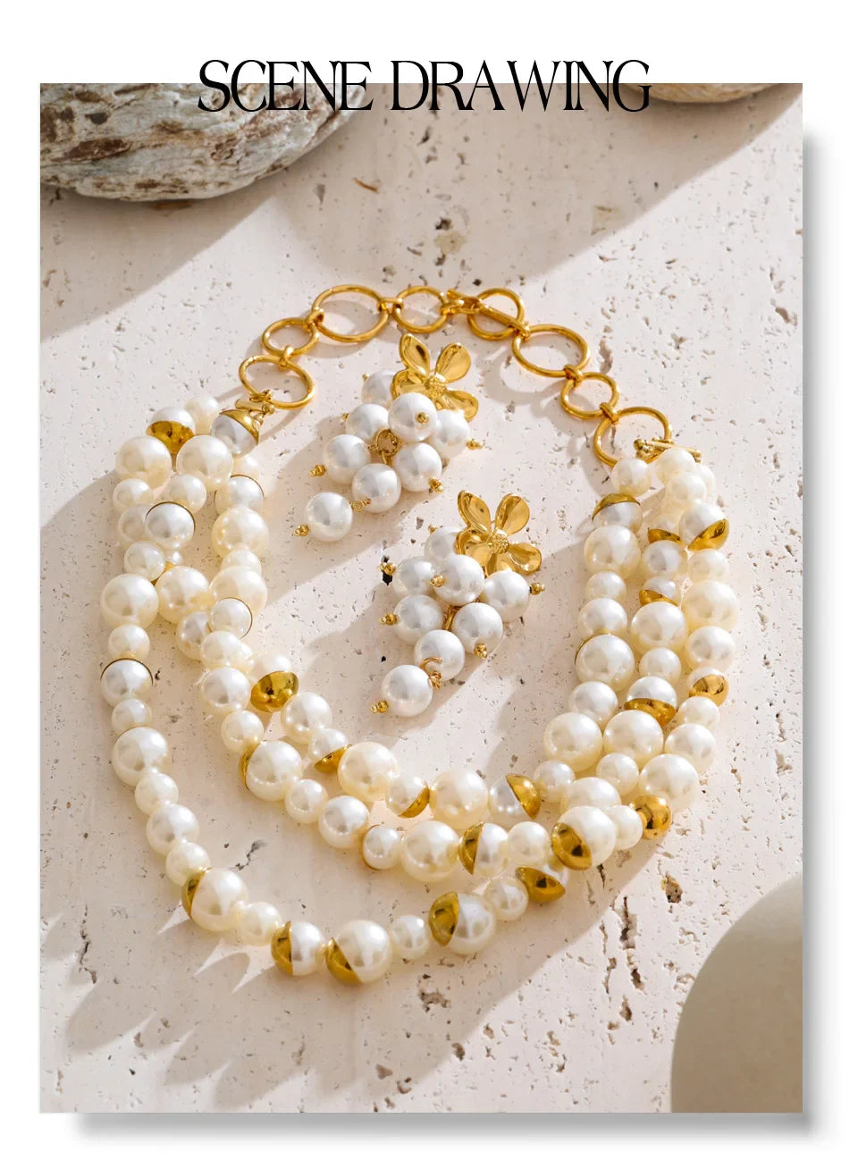 Yhpup Arrivals Handmade Jewelry Simulated Pearls Round Beads Chain Layered Necklace Earrings Stainless Steel Flower Chic Jewelry