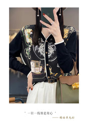 Spring And Autumn Wool Coat Jacket Women's Long Sleeve Wide V-Neck Printed