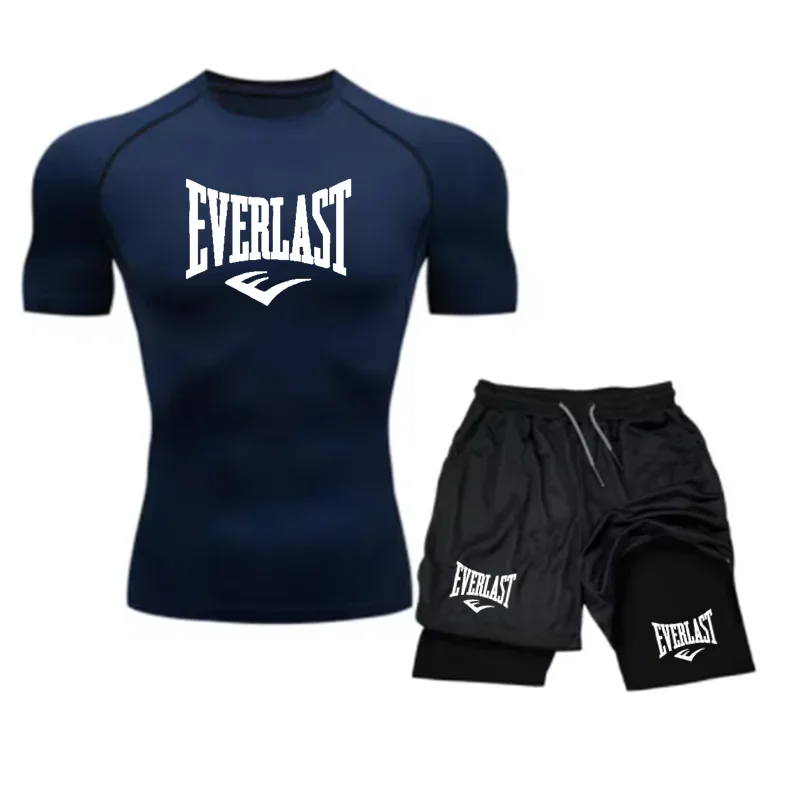 EVERLAST Men's Compress Shirt + 2-in-1 sports shorts 2pcs Set Leisure Breath Short Sleeve Sport Jogging Gym Brand Print Clothing