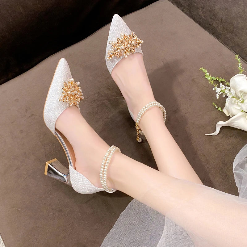 Ladies Shoes Fashion Pointed Metal Beaded Solid Women's High Heels