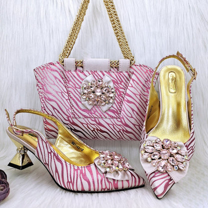 Gold Women Shoes Match Handbag With Big Crystal Decoration