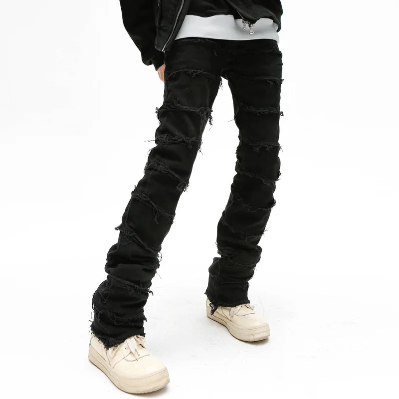 Waxed Jeans Mens High Street Retro Straight Ripped Pencil Pants Oversize