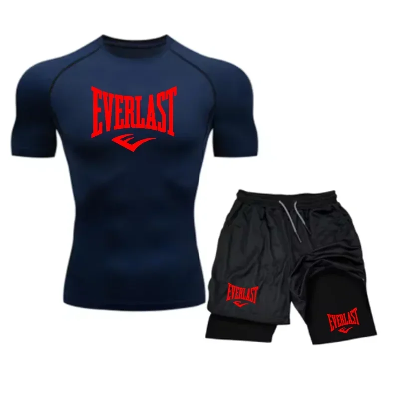 EVERLAST Men's Compress Shirt + 2-in-1 sports shorts 2pcs Set Leisure Breath Short Sleeve Sport Jogging Gym Brand Print Clothing
