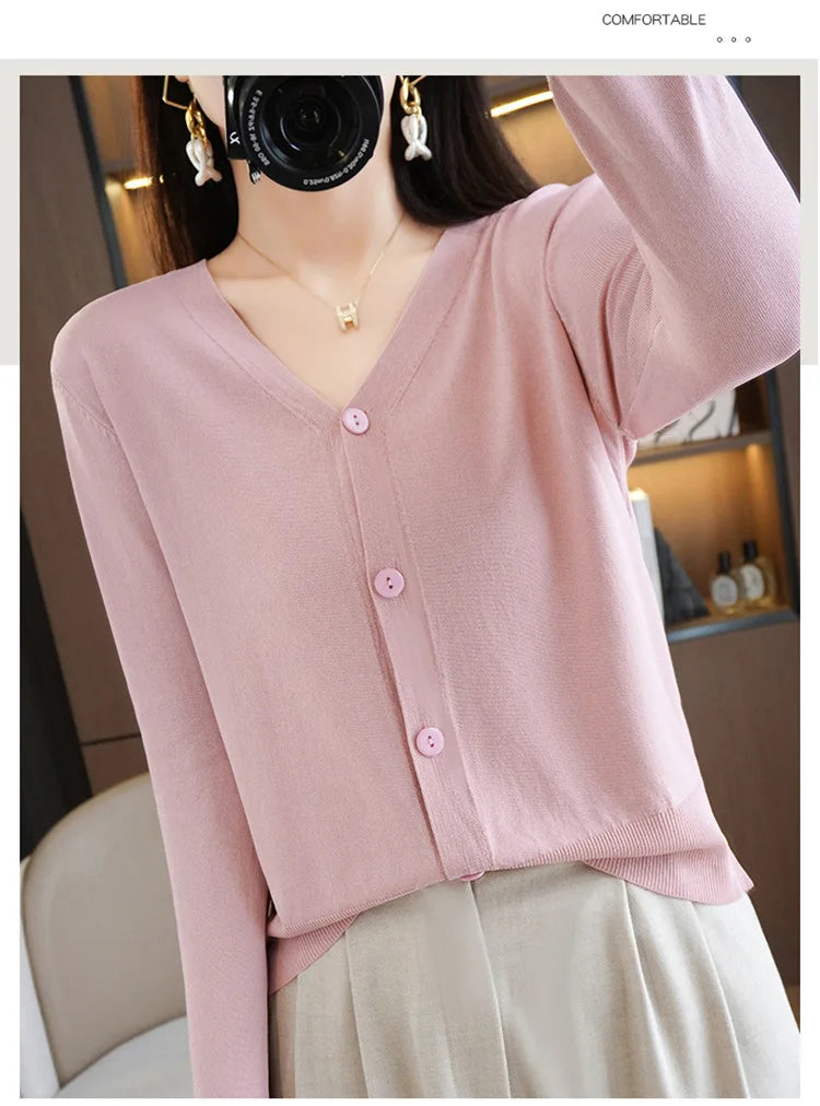 Summer Korean Version Thin Solid V-Neck Ice Silk Knitted Long Sleeve