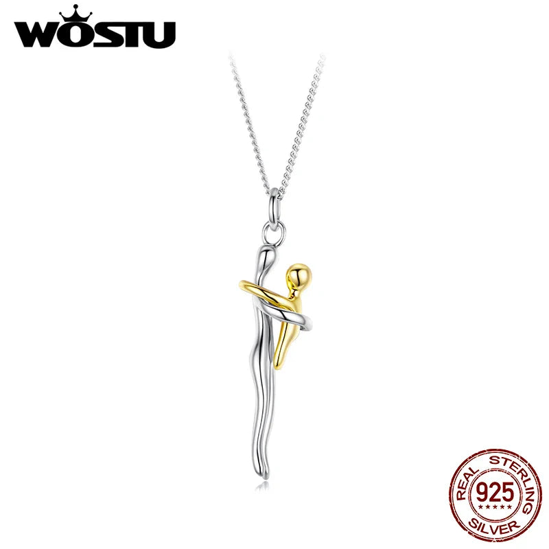 WOSTU Real 925 Sterling Silver Hug Embrace Pendant Necklace Silver Gold Two-tone Mom & Child Pendant Family Gift  Mom Jewelry