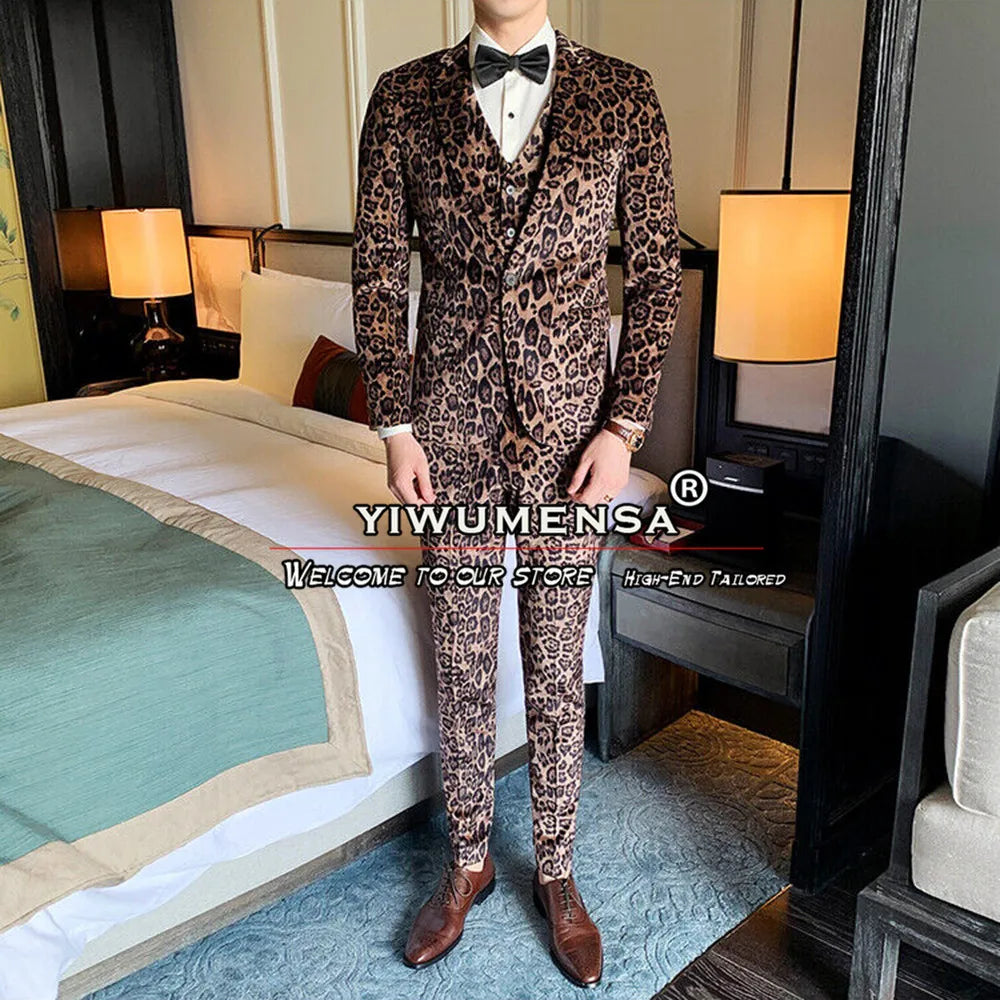 Tuxedo for Mens: Mens Leopard Brown Print Suits Business 3 Pieces Blazer Sets