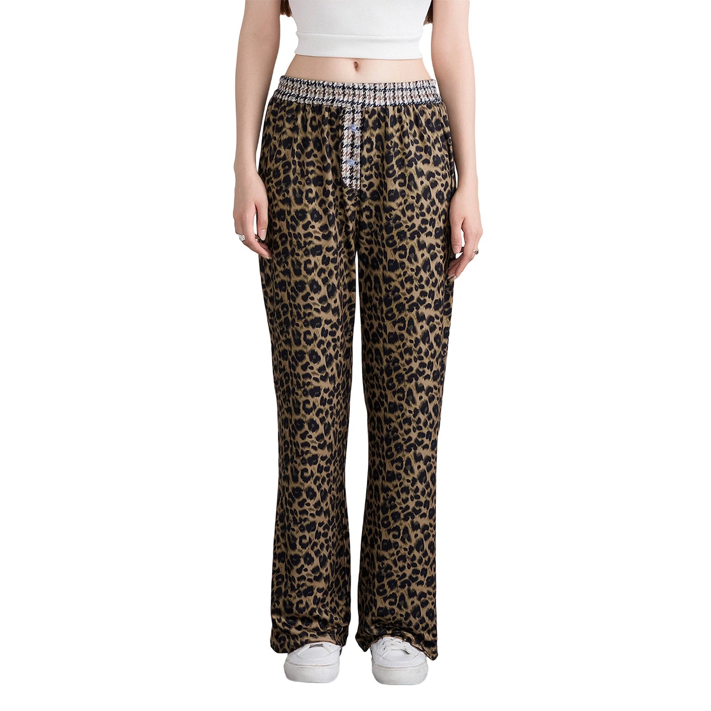 Fashion Vintage Leopard Print Wide-leg Pants Women Casual High-waisted Trouser