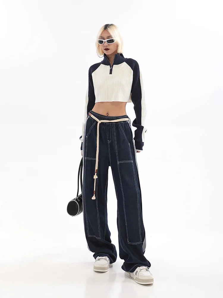 Womens Jeans High Waist Fashion Straight Baggy Denim Pants Streetwear
