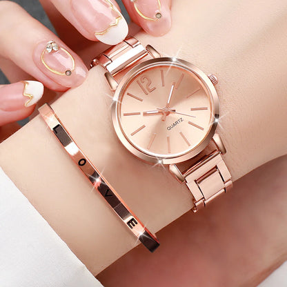 2PCS Fashion Womens Watches Opening Cuff Bracelet Set Gold Simple Round Ladies Quartz Wristwatch Reloj Mujer