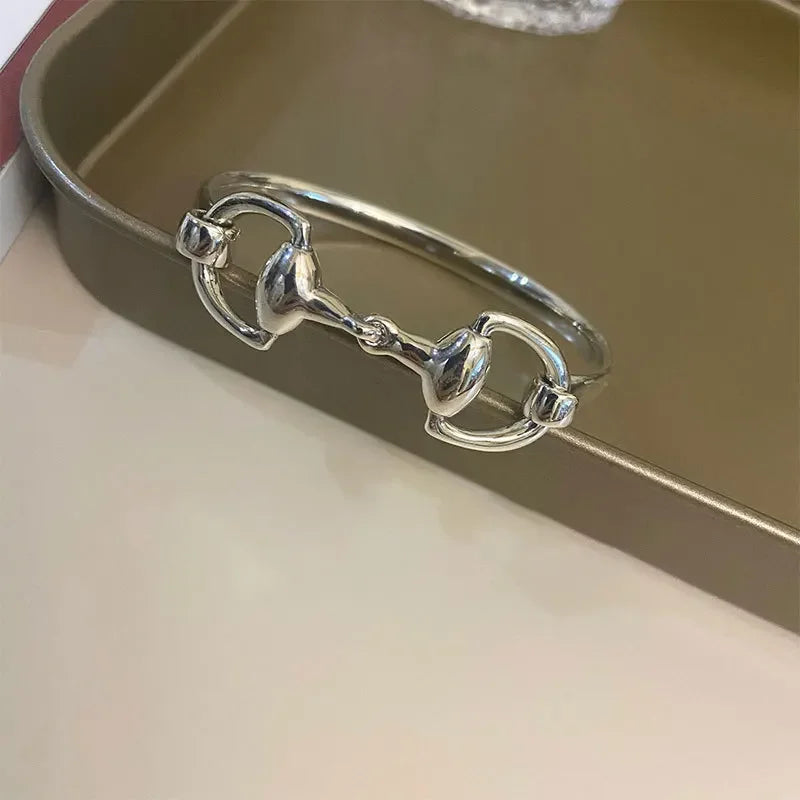 South Korea Dongdaemun Horseshoe Horsebit Buckle Bamboo Simple Buckle Women Bracelet 925 Sterling Silver Thick Heavy Industry