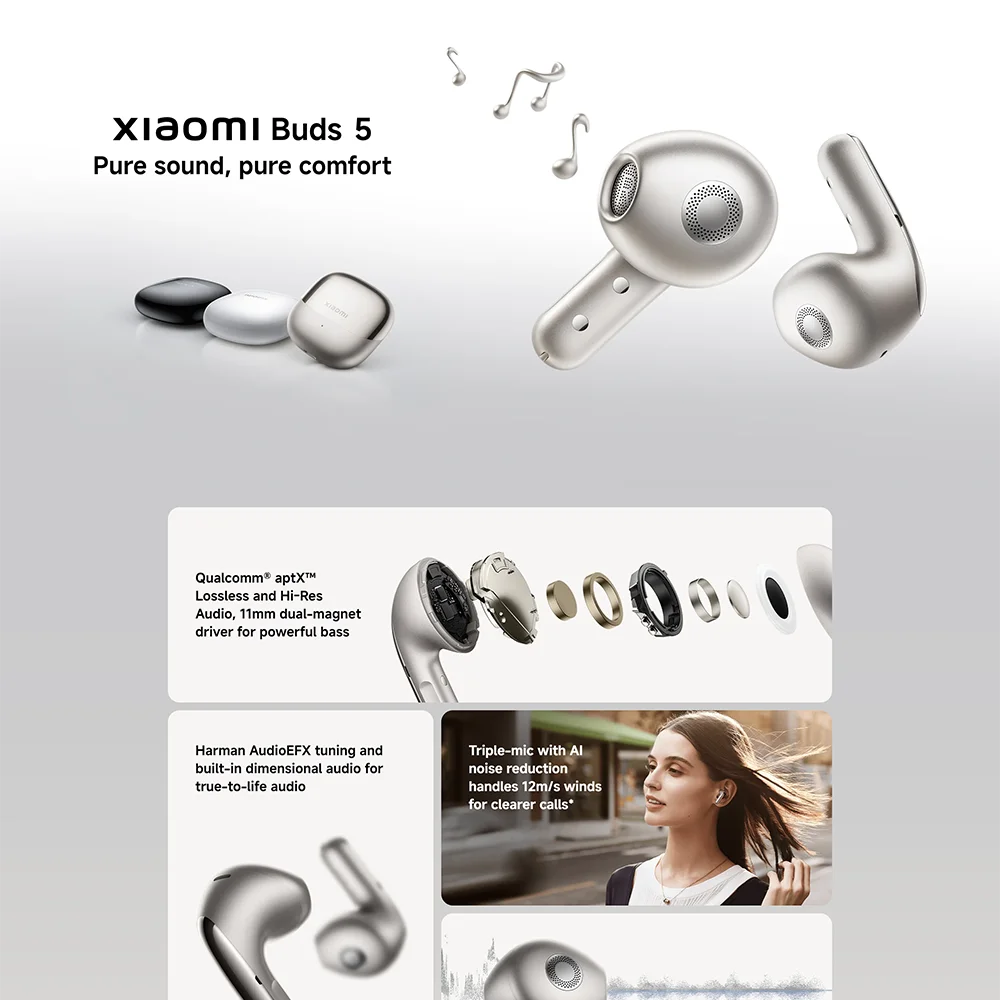 Original Xiaomi Buds 5 Earphone TWS AI Active Noise Cancelling HiFi Wireless Bluetooth Sound Recording Headphone Lossless Audio
