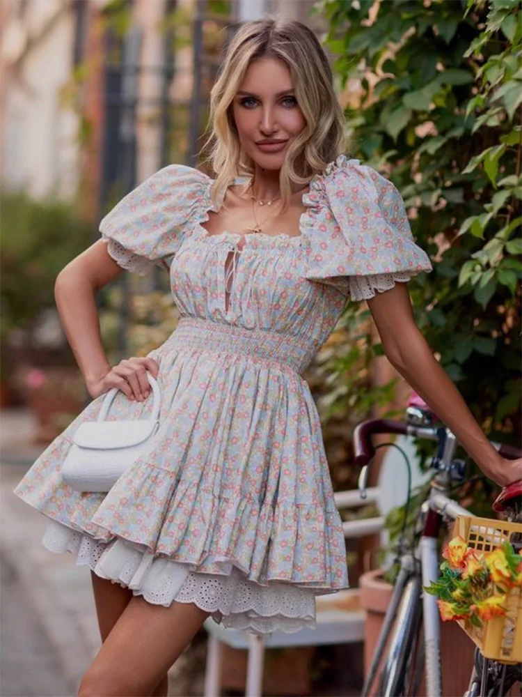 Gypsylady Floral Tiered Ruffles Mini Dress Lace Puff Sleeve Summer Vocation Sexy Lace Up Women Dresses Party Ladies Vestidos New
