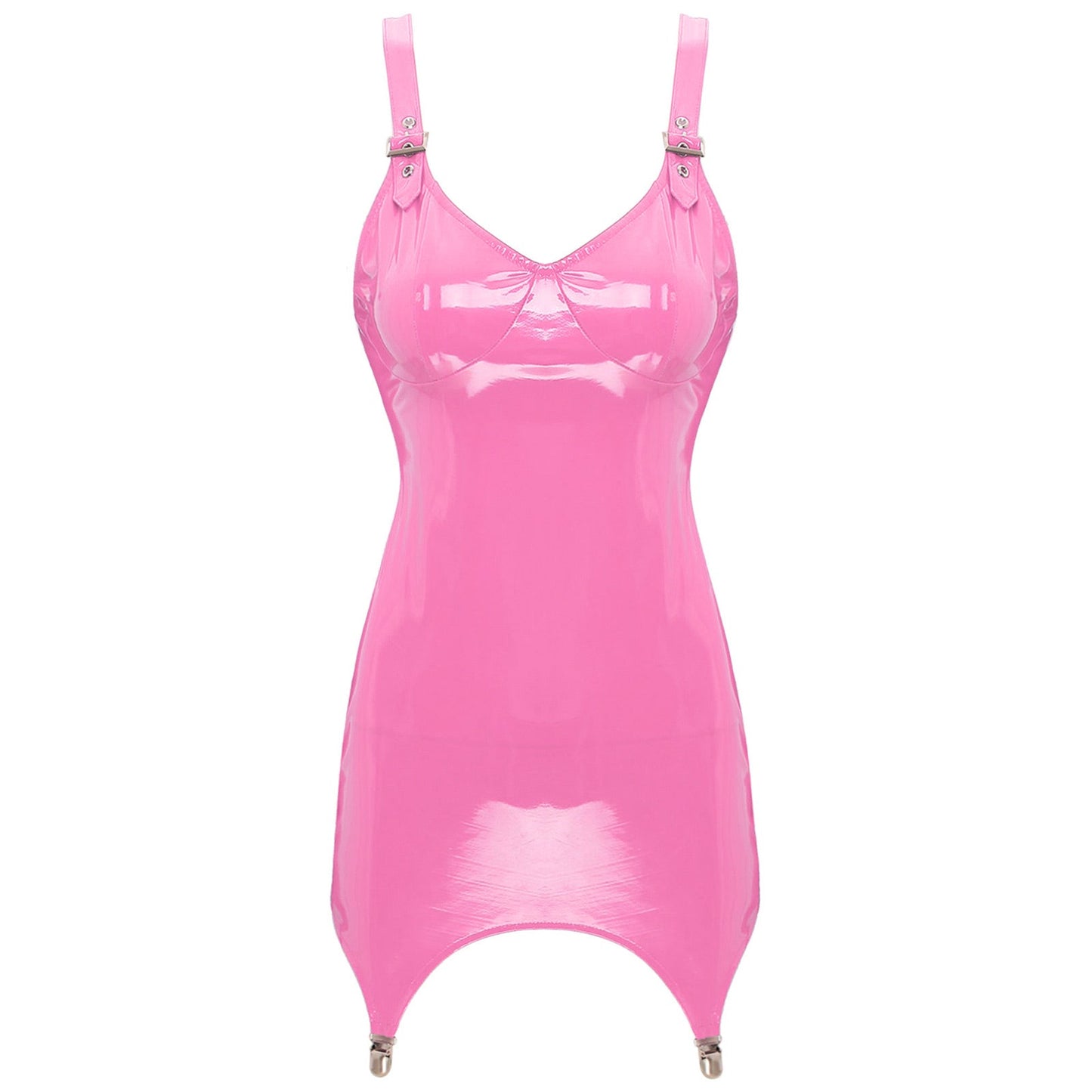 Womens Bodycon Tight Mini Dress Glossy Patent Leather Sexy Latex Club Dress with Garter Clips Back Zipper Rave Party Clubwear