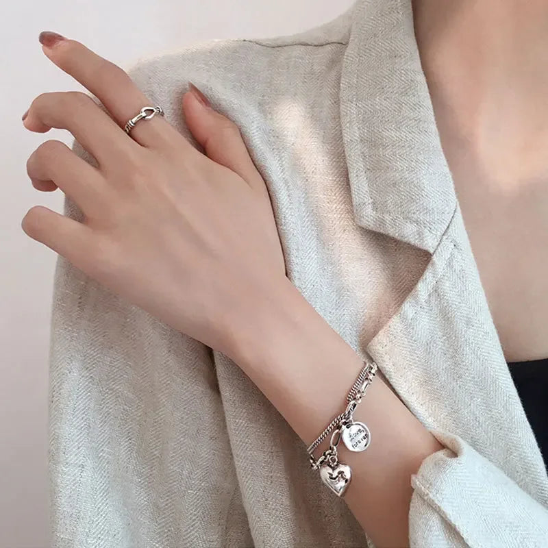 Elegant 925 Sterling Silver Love Letter Heart Double Layer Bracelet Female Unique Design Thai Silver Retro Light Luxury Jewelry