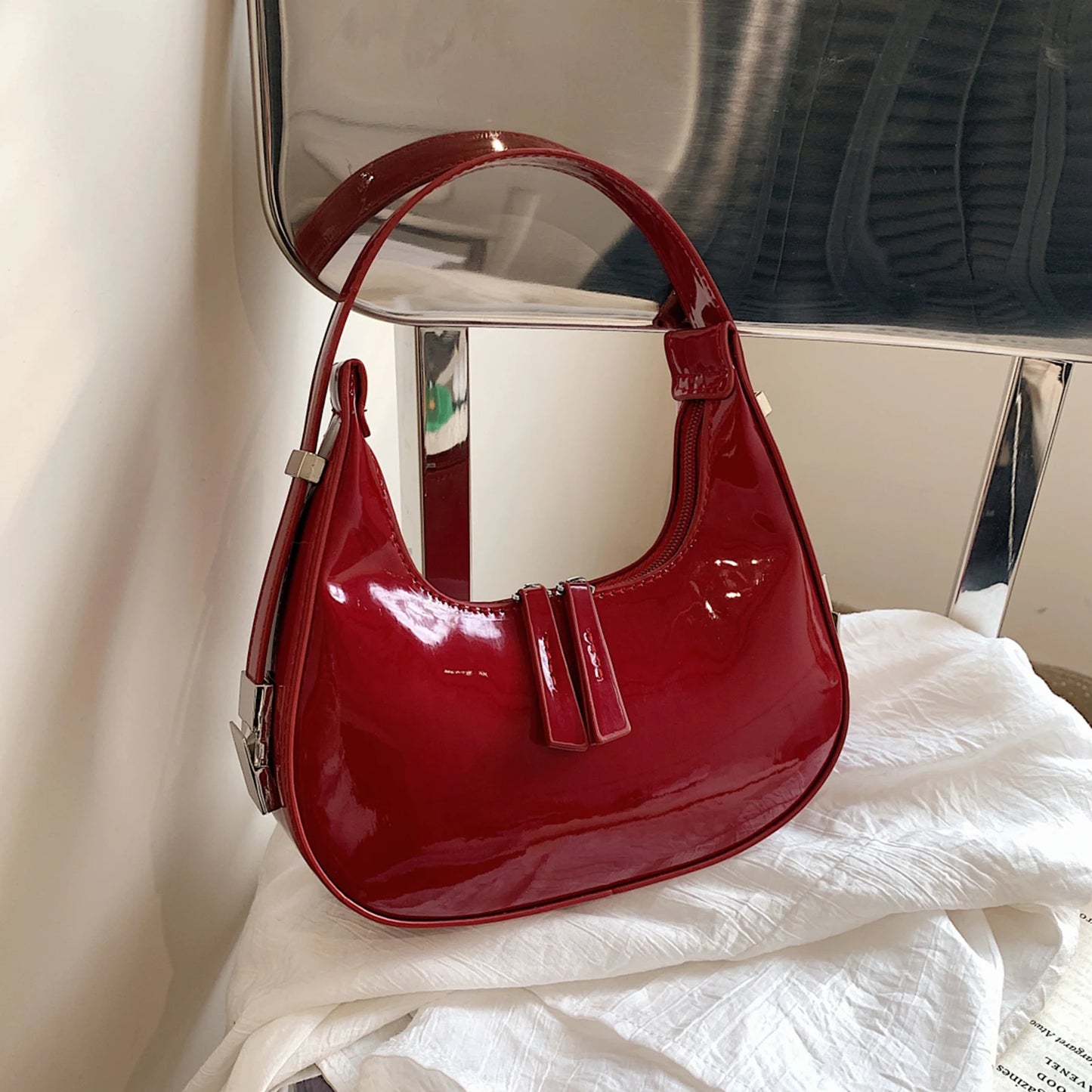 Women's Bag Patent Leather Tote Bag Fashion Shoulder Bag Versatile Crescent Bag