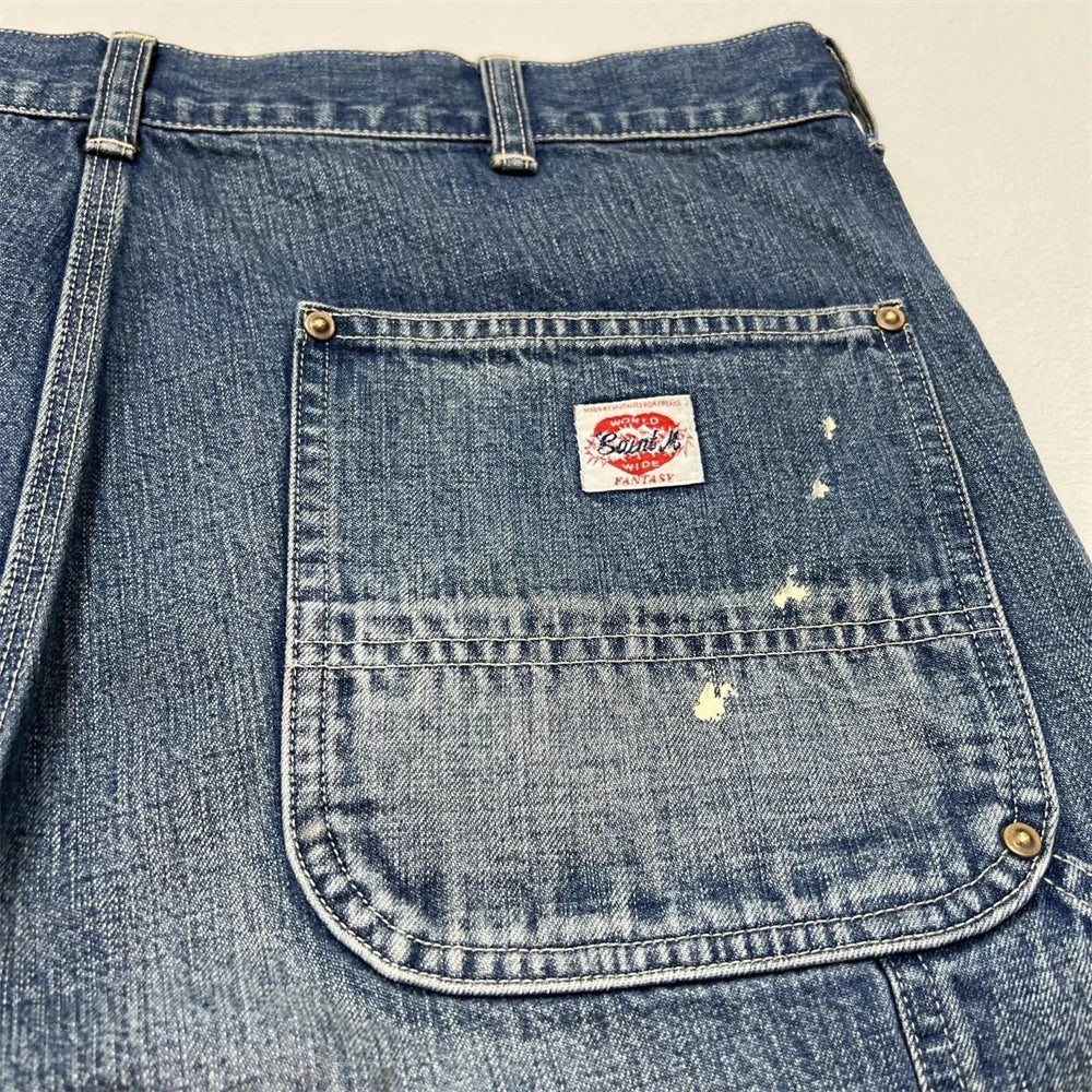 Black Nice Washed Damaged Saint DOUBLE KNEE Zipper Denim Shorts Men Women Oversized Shorts