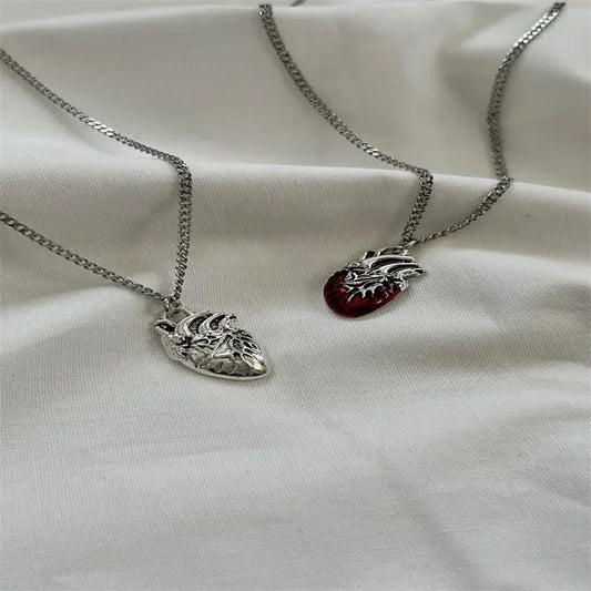 red heart necklace gothic y2k grunge jewelry dainty silver color tone bloody