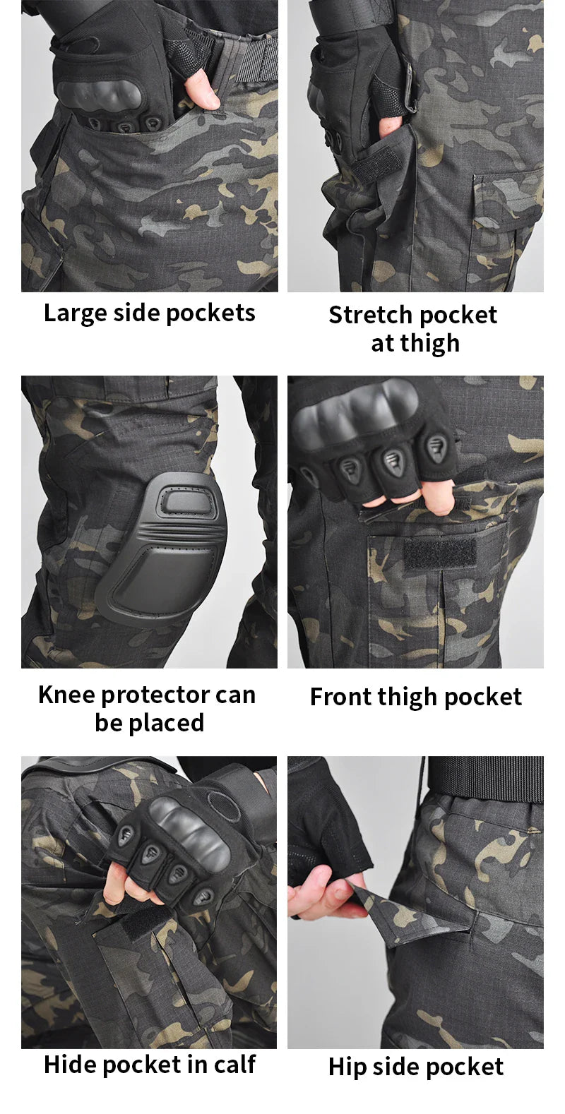Outdoor Tactical Uniform Military Camo Hiking Training Shirts Workwear Cargo Pants+Pads Airsoft Paintball Hunting Clothes Sets