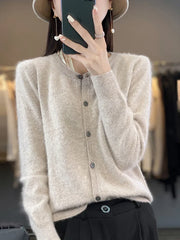 Women Cardigan Super Warm Pure Mink Cashmere Sweaters O-neck