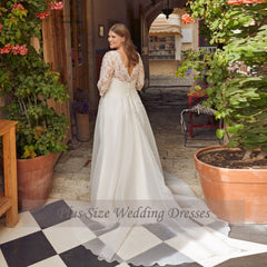 Wedding Dresses Plus Size V-Neck 3/4 Sleeves Bride Gowns Appliques
