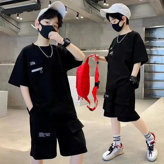 Boys Loose Casual Sets Summer Big Kids Short Sleeve Clothing Suit Teen Tops+Shorts 2Pcs Children Fashion Handsome Outfits 5-14Y
