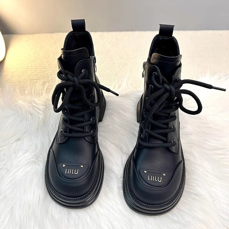 Brand British style short boots for women's winter thick soled casual plush