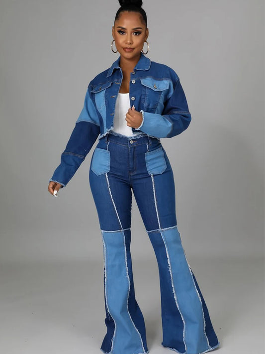 Women Plus Size Splice Jeans Flare Pant High Waist Patchwork Y2K Streetwear