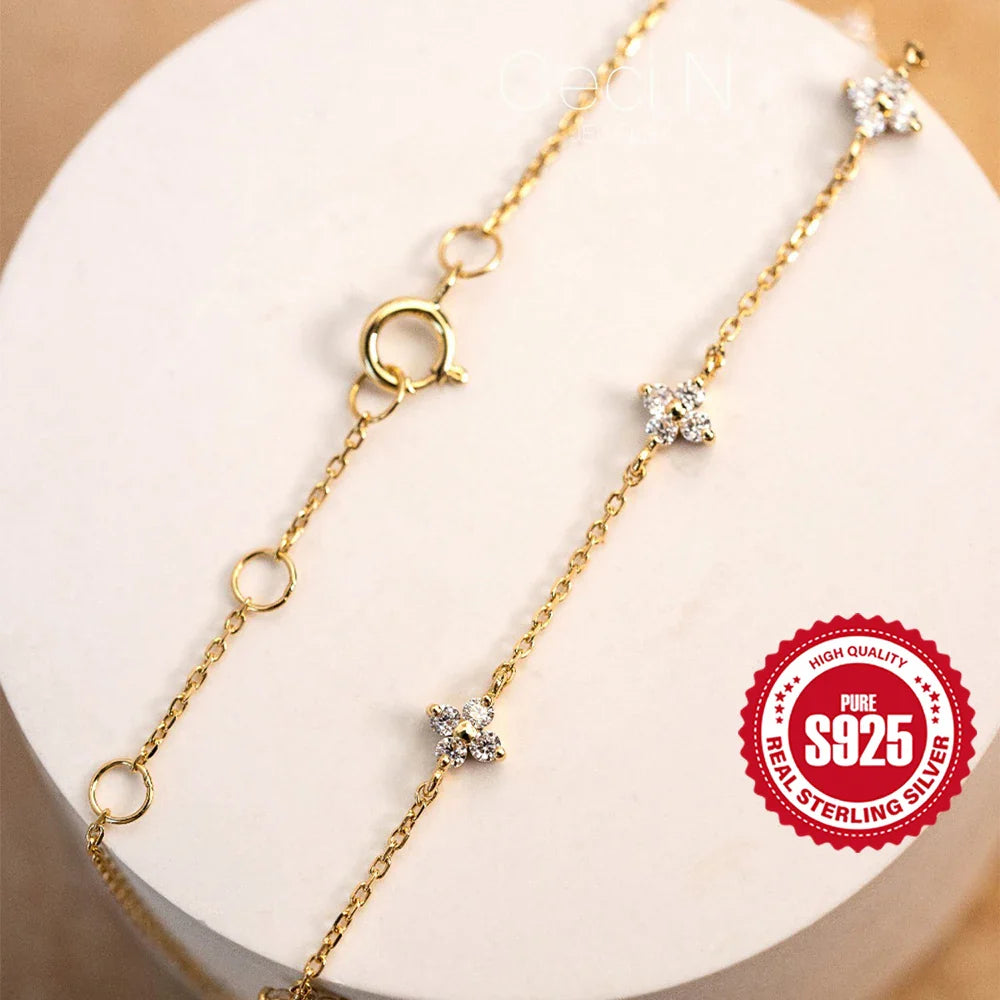 CANNER Real S925 Sterling Silver Mini Zircon Flower Pendant Bracelet Chain for Women's Fine Jewelry Gifts Gold Bracelets Bangles