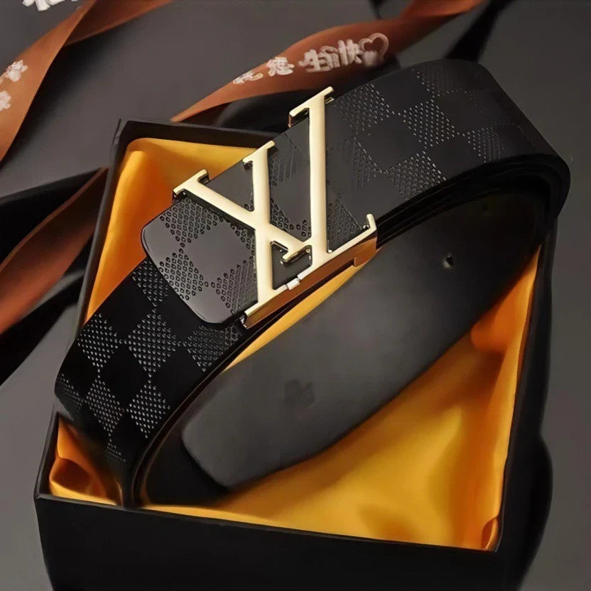 Light Luxury Mens Leather Belt Smooth Buckle Genuine Cowhide Perforated Pattern Fashion Trendy High End Versatile